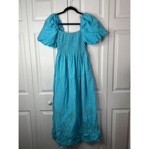 Line & Dot River Blue Puff Sleeve Eyelet Embroidered Midi Dress Women's Large L